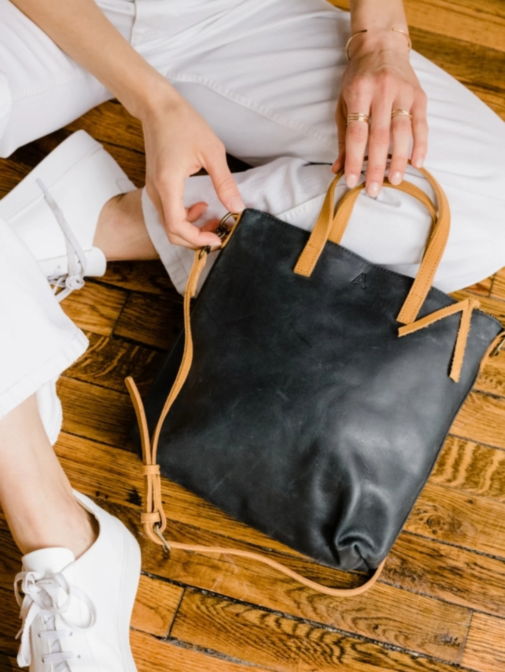 ABLE Abera Commuter Small Tote Matte Black/Cognac Leather Crossbody Tote Bag